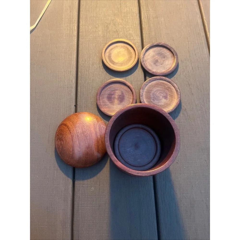Vintage Handcrafted Wood Coaster Set with Lidded Storage Container 5 Piece Set
